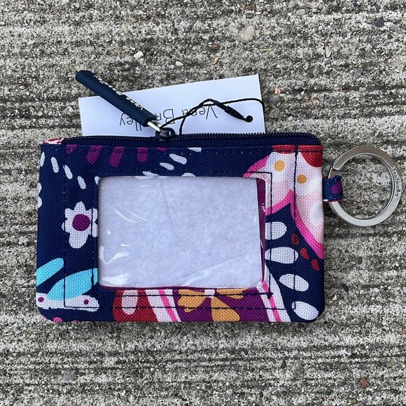 Vera Bradley Lighten Up Zip ID Case Navy Blue Pink Travel Coin Pouch Keyring - Picture 5 of 5